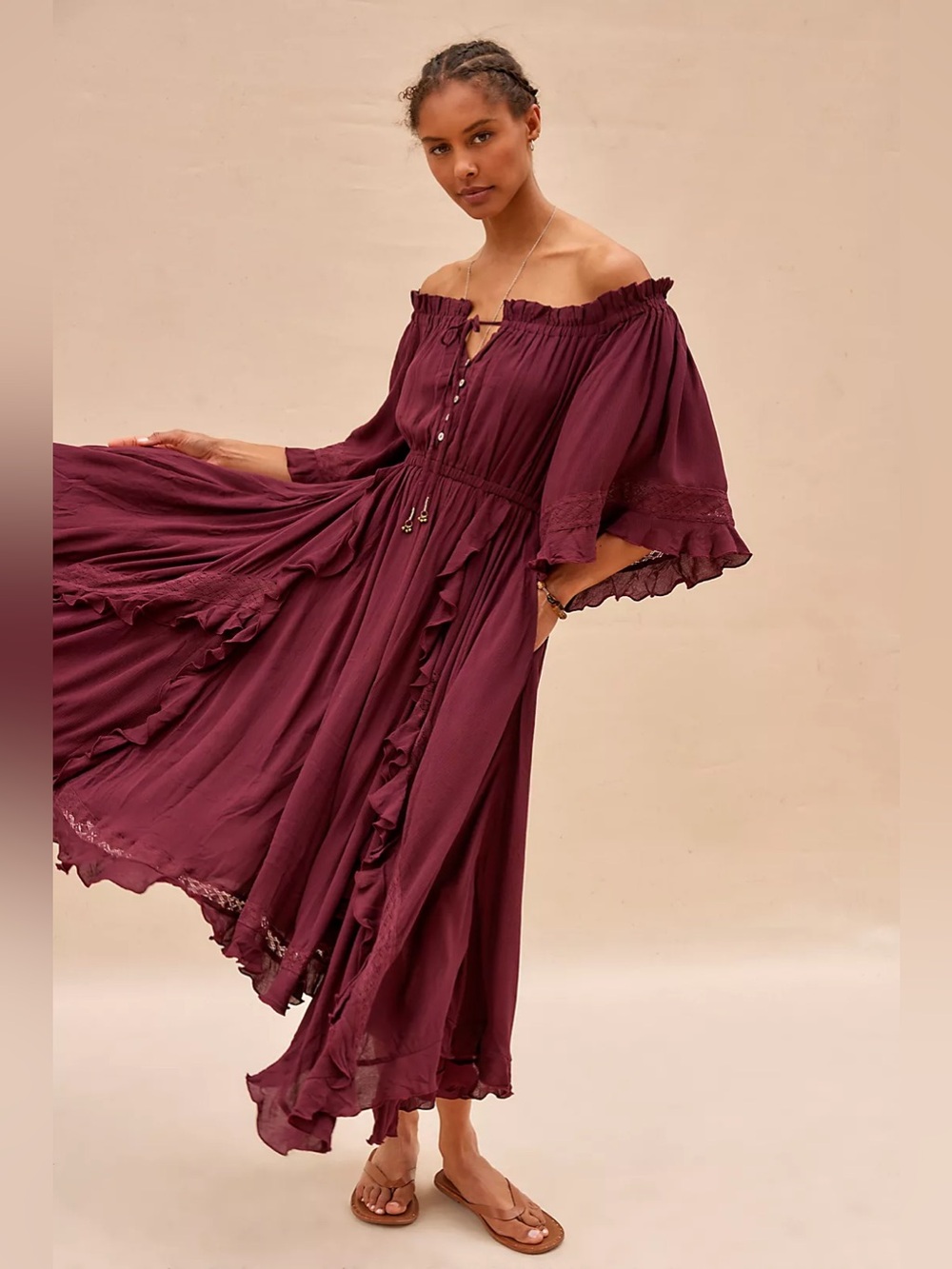 Free People Off-Shoulder Ruffled Maxi Dress in Chocolate Brown, Size XS